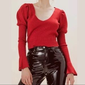 FOR LOVE & LEMONS Red Puff Sleeve Cropped Sweater